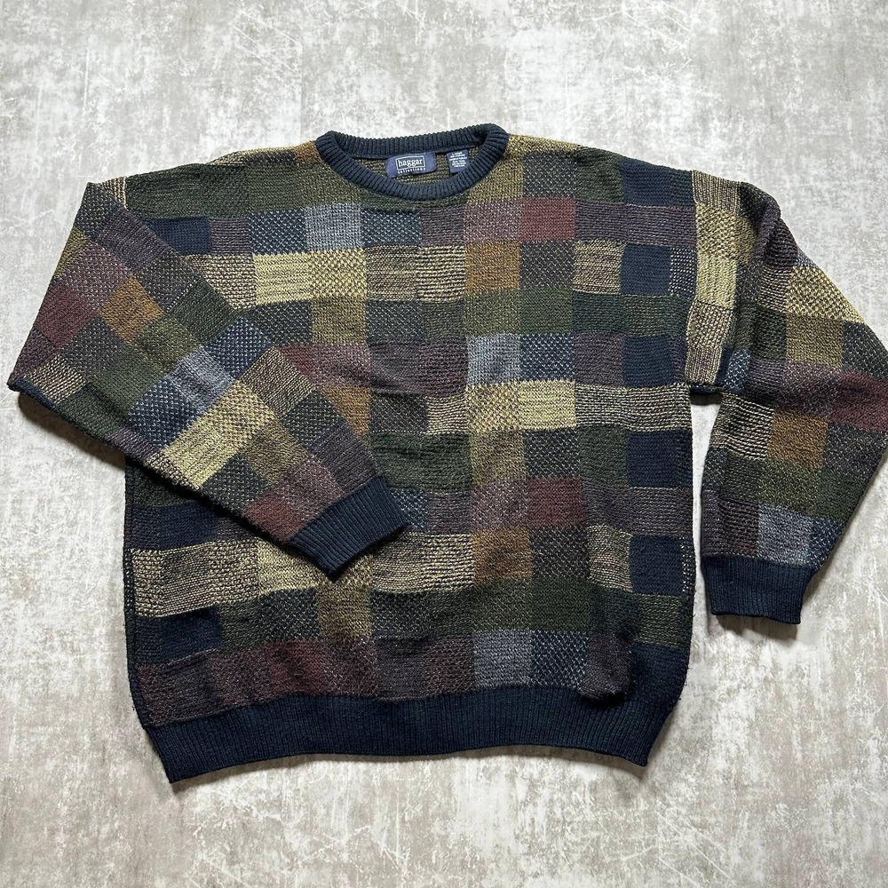 Vintage Haggar Sweater Mens Large Multicolor Patchwork Crewneck Knit Grandpa